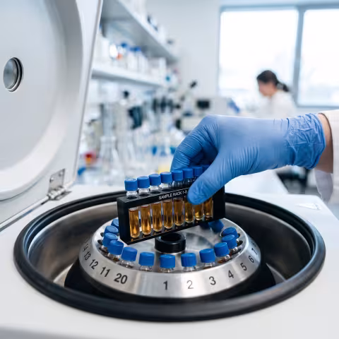 Loading sample vials into a centrifuge, macro — Course imagery, laboratory methods.