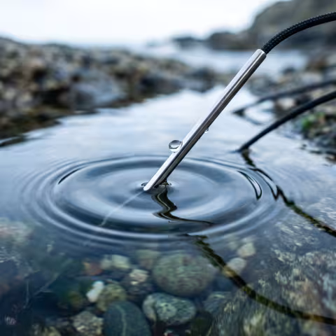 Thermometer probe entering water, macro — Course imagery, field measurement.