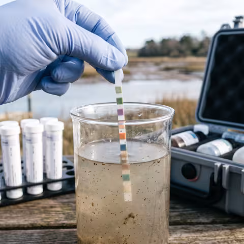 Water quality test strip dip, macro — Course imagery, environmental chemistry.
